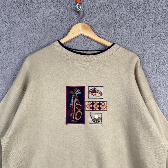 Vintage Sweater Mens Size Large Beige Golf Grandpa Embroidered Crew Neck Fleece - Picture 1 of 15